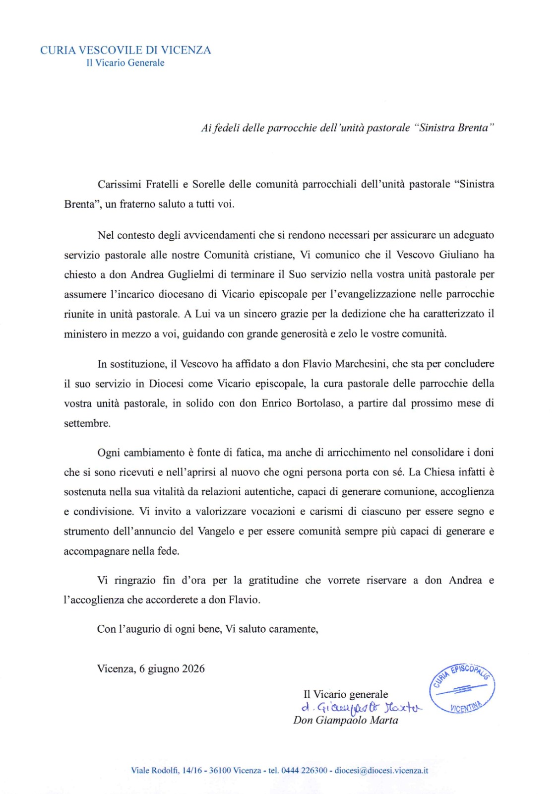 Don Flavio Marchesini sostituisce Don Andrea Guglielmi